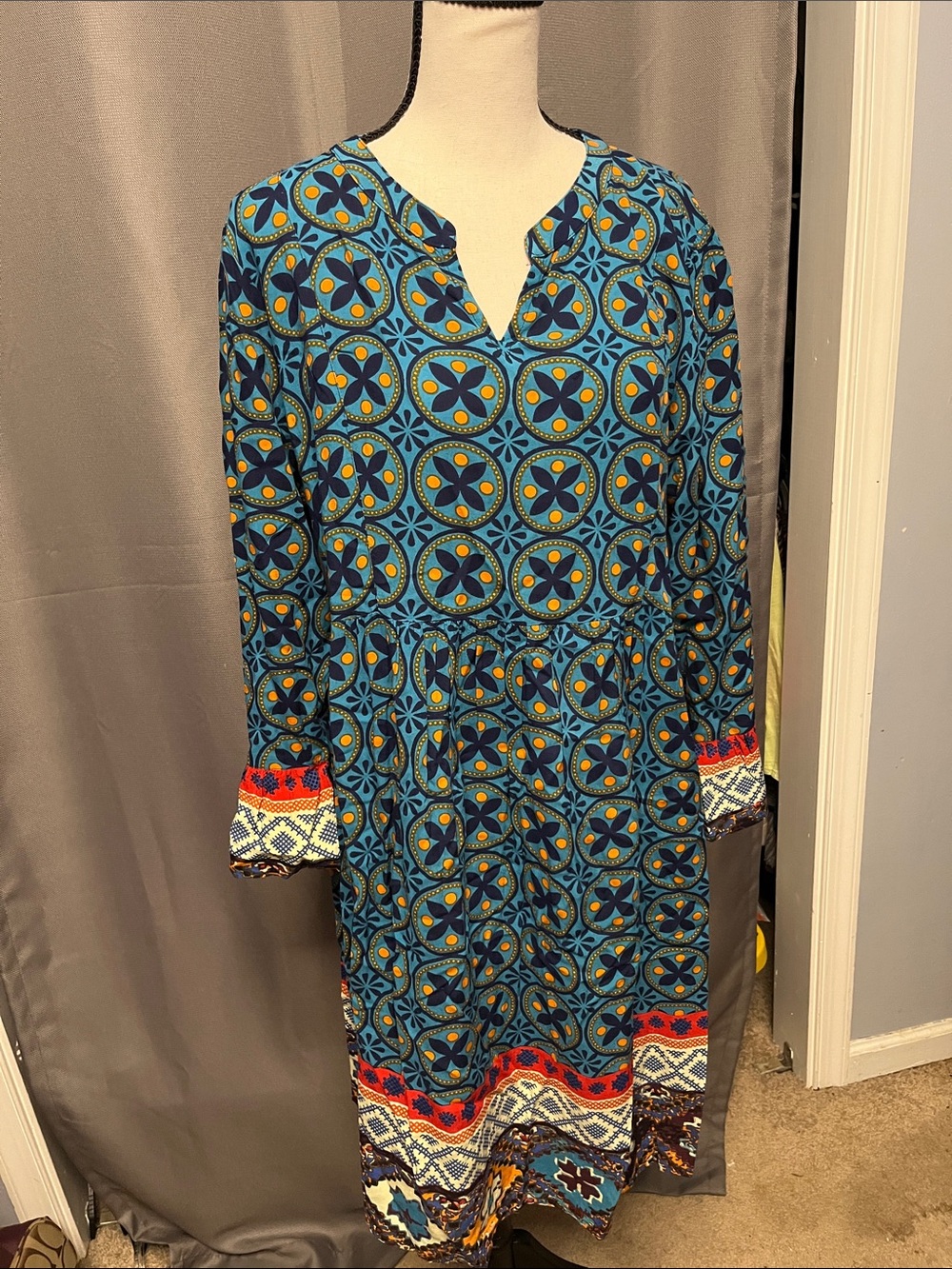 Blue Geo-Print Long Sleeve Midi Dress with Contrast Border